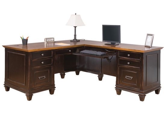 Antique executive l shaped desk with drawers vintage black angle view