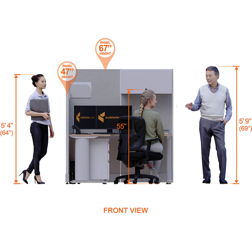 Cubicle desk l shaped with storage 1pack powered front view heights