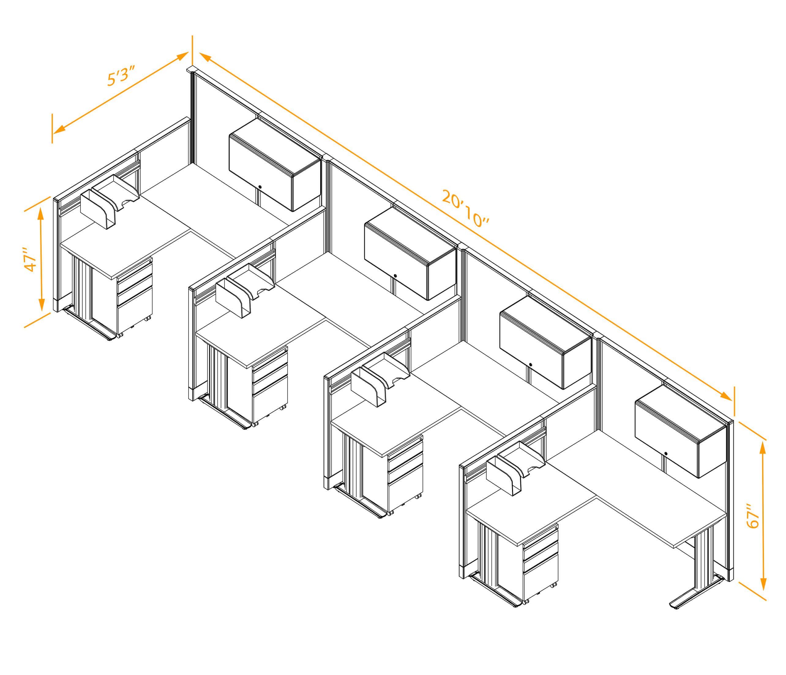 L shaped workstation 4pack inline non powered with storage dimensions