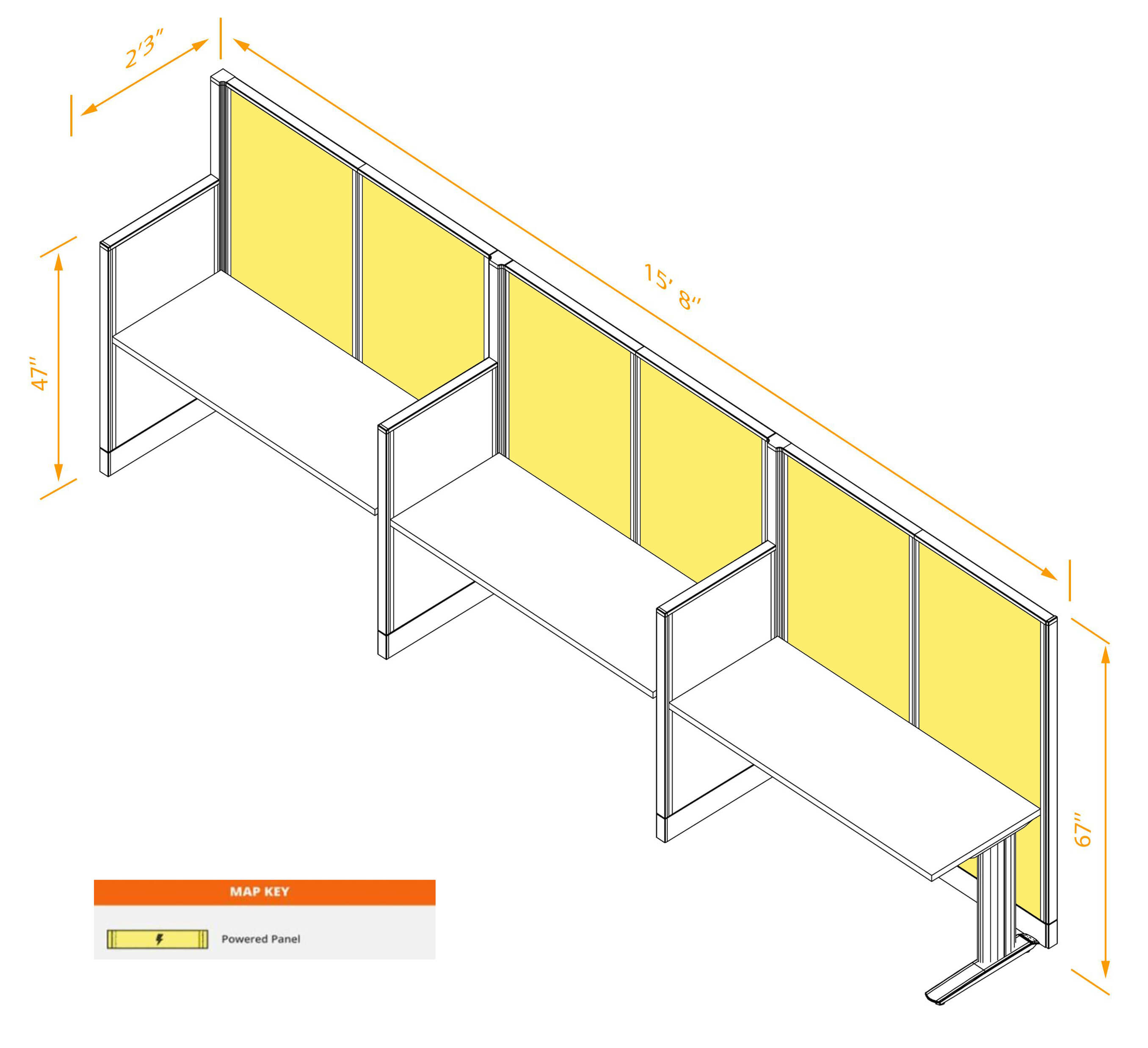 Straight workstation 3pack inline powered dimensions