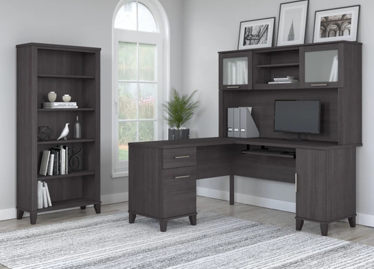 L shaped computer desk with 5 shelf bookcase 60W space view storm gray