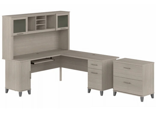 L shaped computer desk with traditional file cabinet 72 w highlight sand oak 1