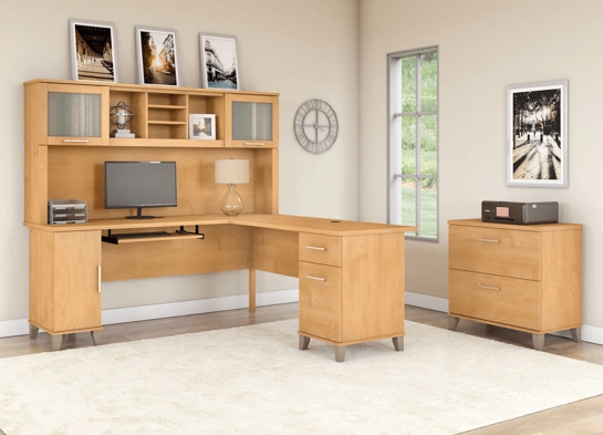L shaped computer desk with traditional file cabinet 72 w space view maple cross 1