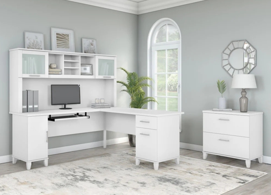 L shaped computer desk with traditional file cabinet 72 w space view white 2