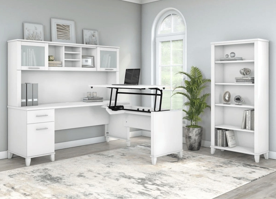 Modern office standing desk with 5 shelf bookcase space view white