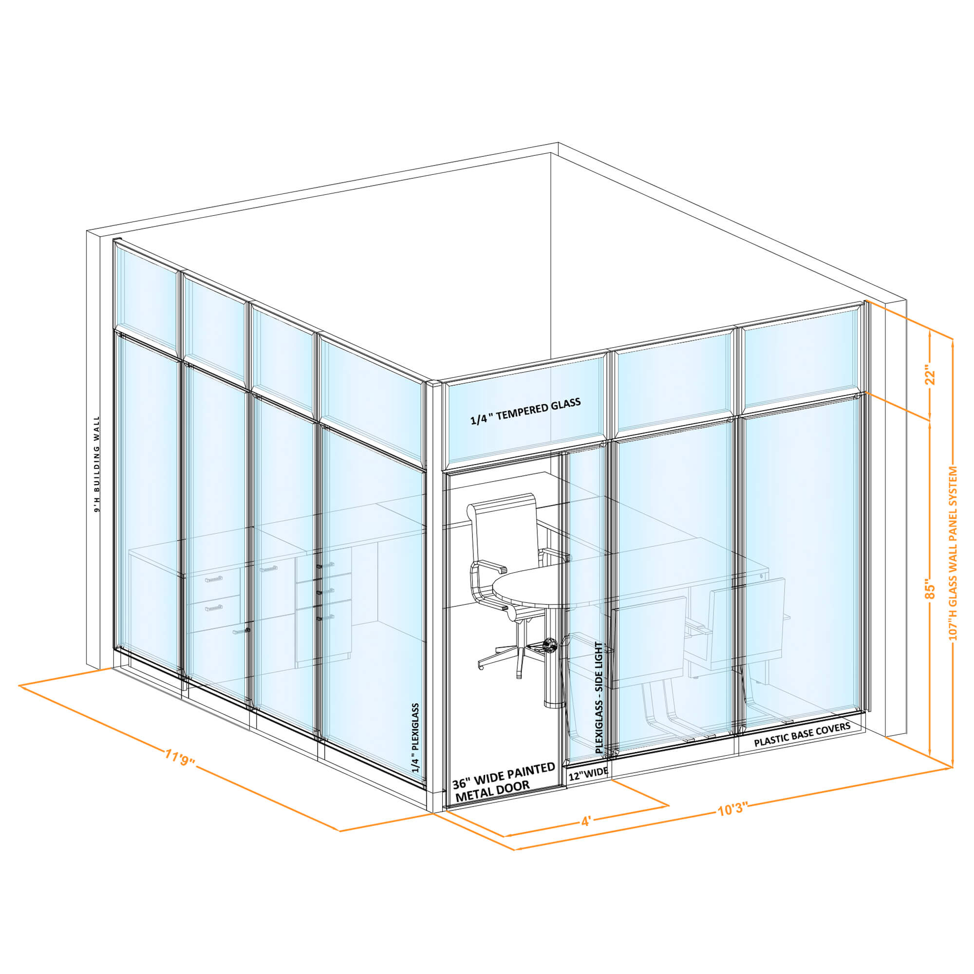 Modular glass office walls GWO L 100x116x1070