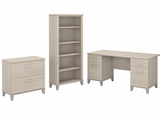 Office desk with 2 file drawers and 5 shelf bookcase highlight sand oak