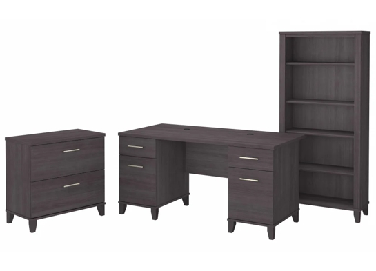 Office desk with 2 file drawers and 5 shelf bookcase highlight storm gray