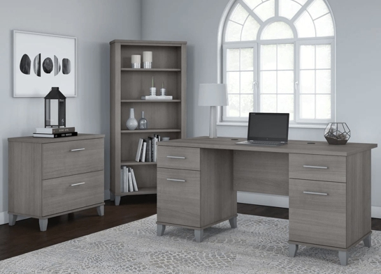 Office desk with 2 file drawers and 5 shelf bookcase space view platinum gray