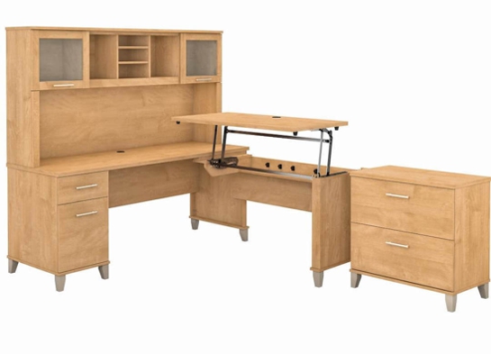 Sit and stand desk sit and stand corner desk standing desk with storage maple cross angle view