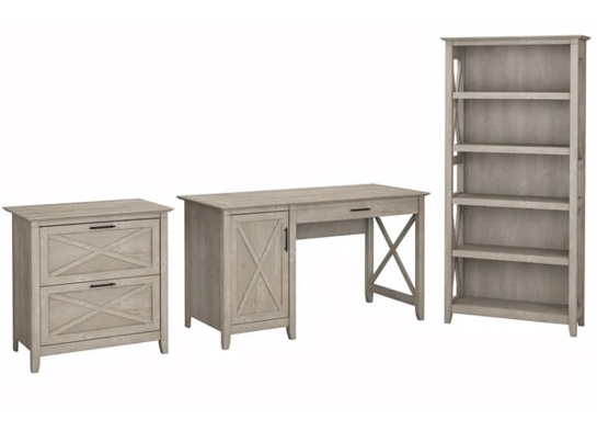 West style desk with drawer file cabinet and 5 shelf bookcase highlight washed gray