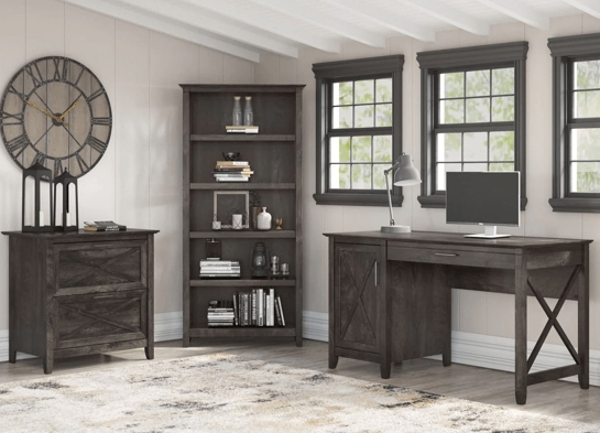 West style desk with drawer file cabinet and 5 shelf bookcase space view dark gray hickory