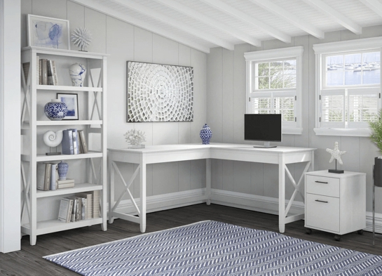 Western l shaped desk with 5 shelf wooden bookcase space view pure white oak