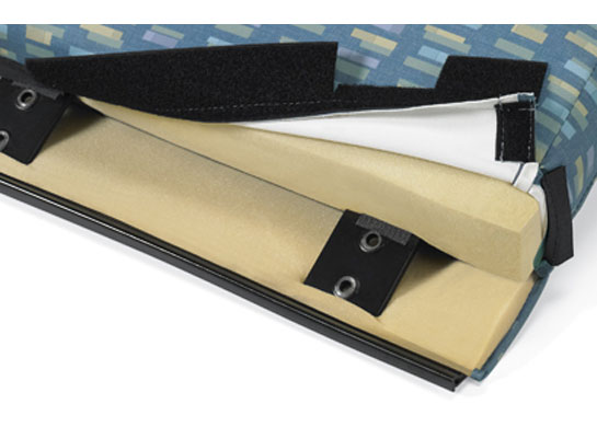 Removable back cushion/upholstery for ease of cleaning or replacement in the medical chairs.