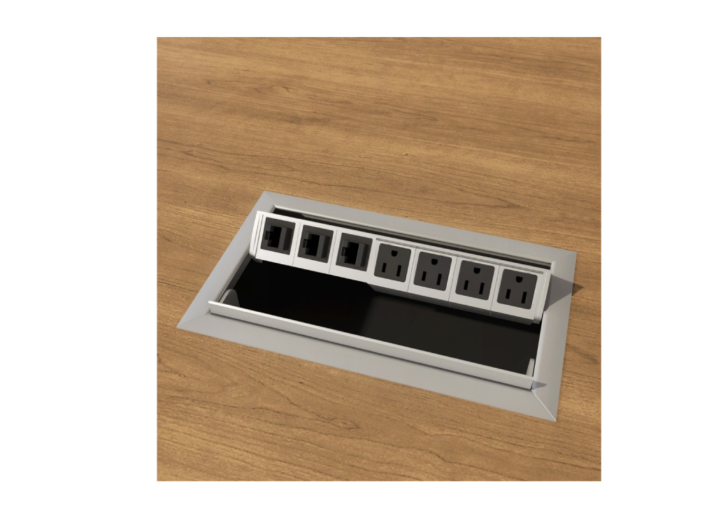 Boardroom furniture from Logiflex can feature tabletop access to power or data in various configurations. Boardroom furniture from Logiflex can feature tabletop access to power or data in various configurations.